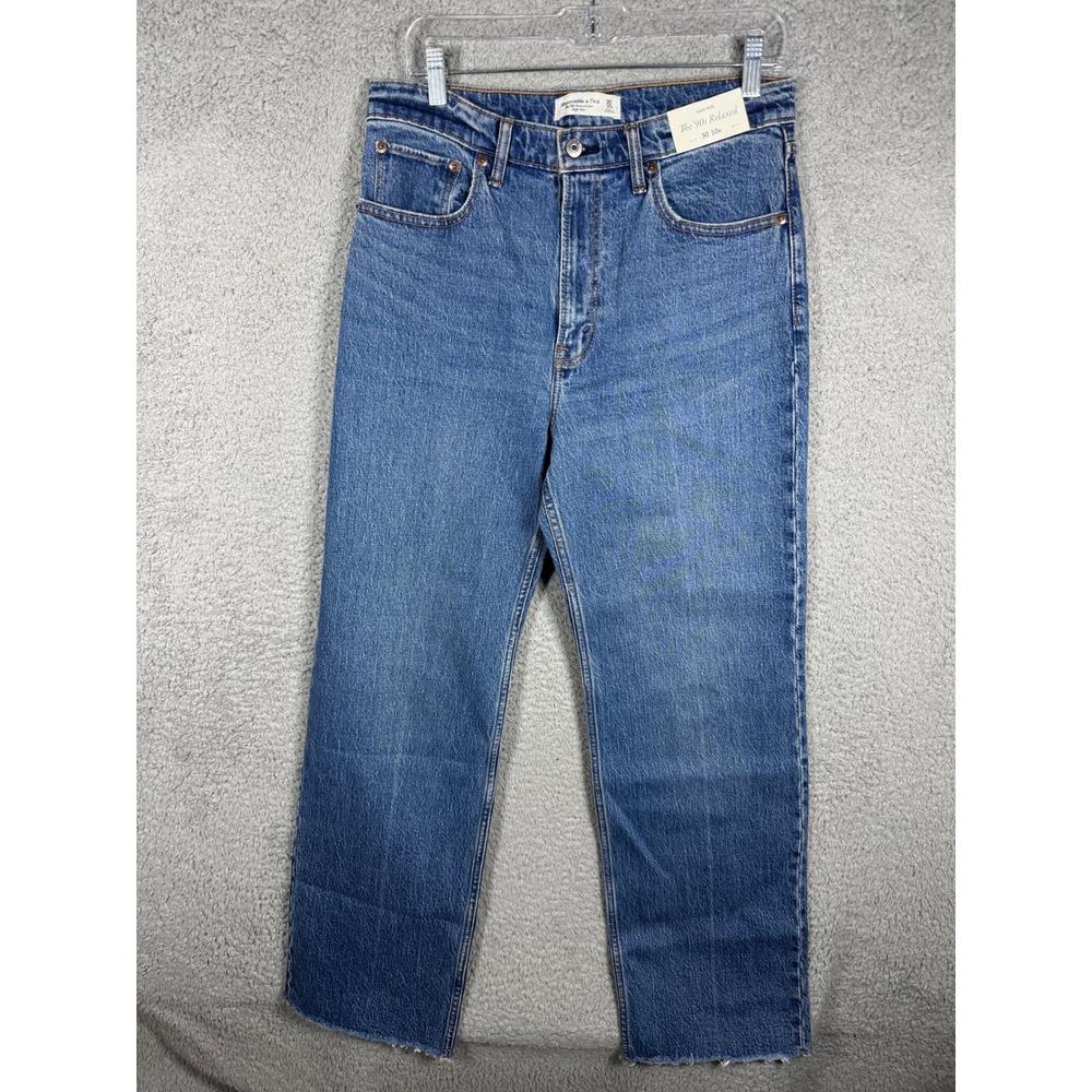 Abercrombie & Fitch The 90s Relaxed High Rise Jeans 30 10R Medium Wash Raw Hem
